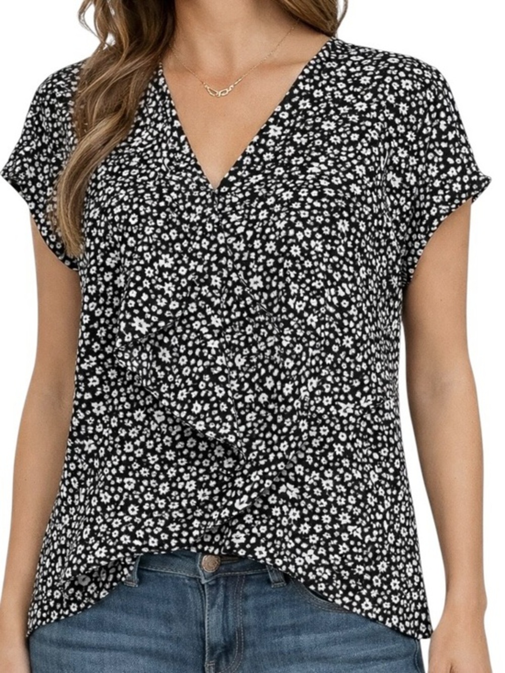 Michael Kors Black White Ditsy Floral Ruffle Front Blouse L V Neck Cap Sleeve